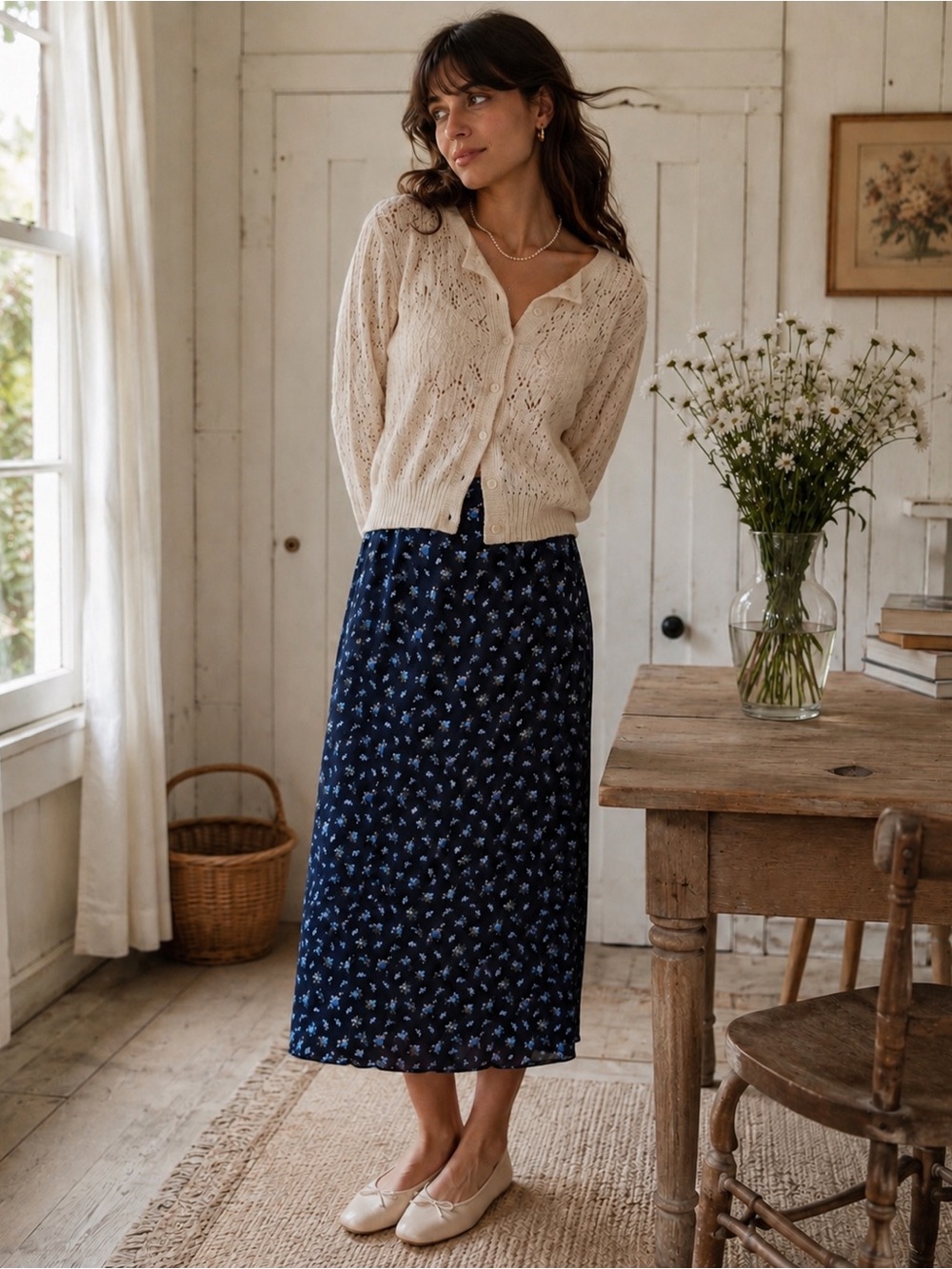 Vintage Laura Ashley Silk Navy Blue Ditsy Floral Midi Skirt Cottagecore 90s